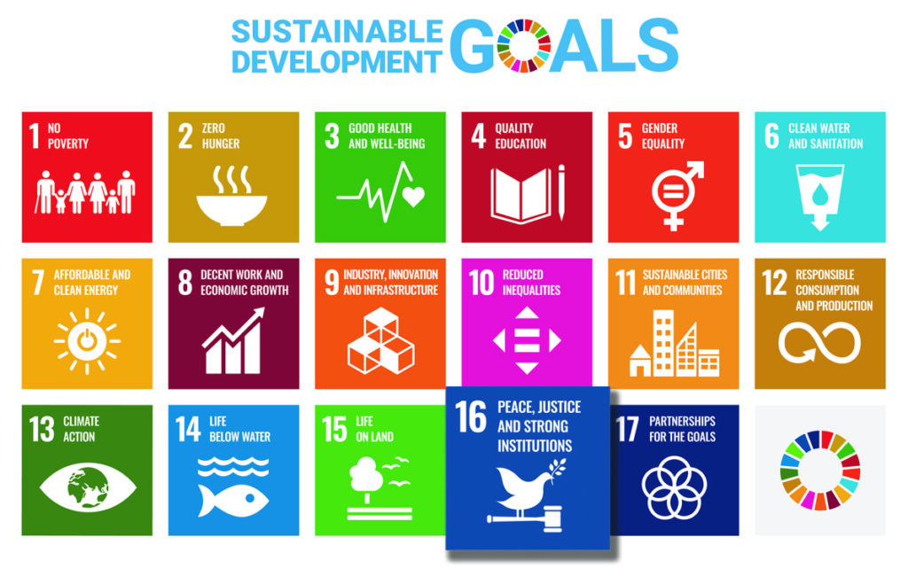 Sustainabe Development Goals with Goal #16 prominent